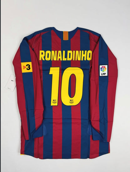 2025 RE ISSUE FC Barcelona Home 2005 T90 Long sleeve Jersey-Ronaldinho 10 (XL)
